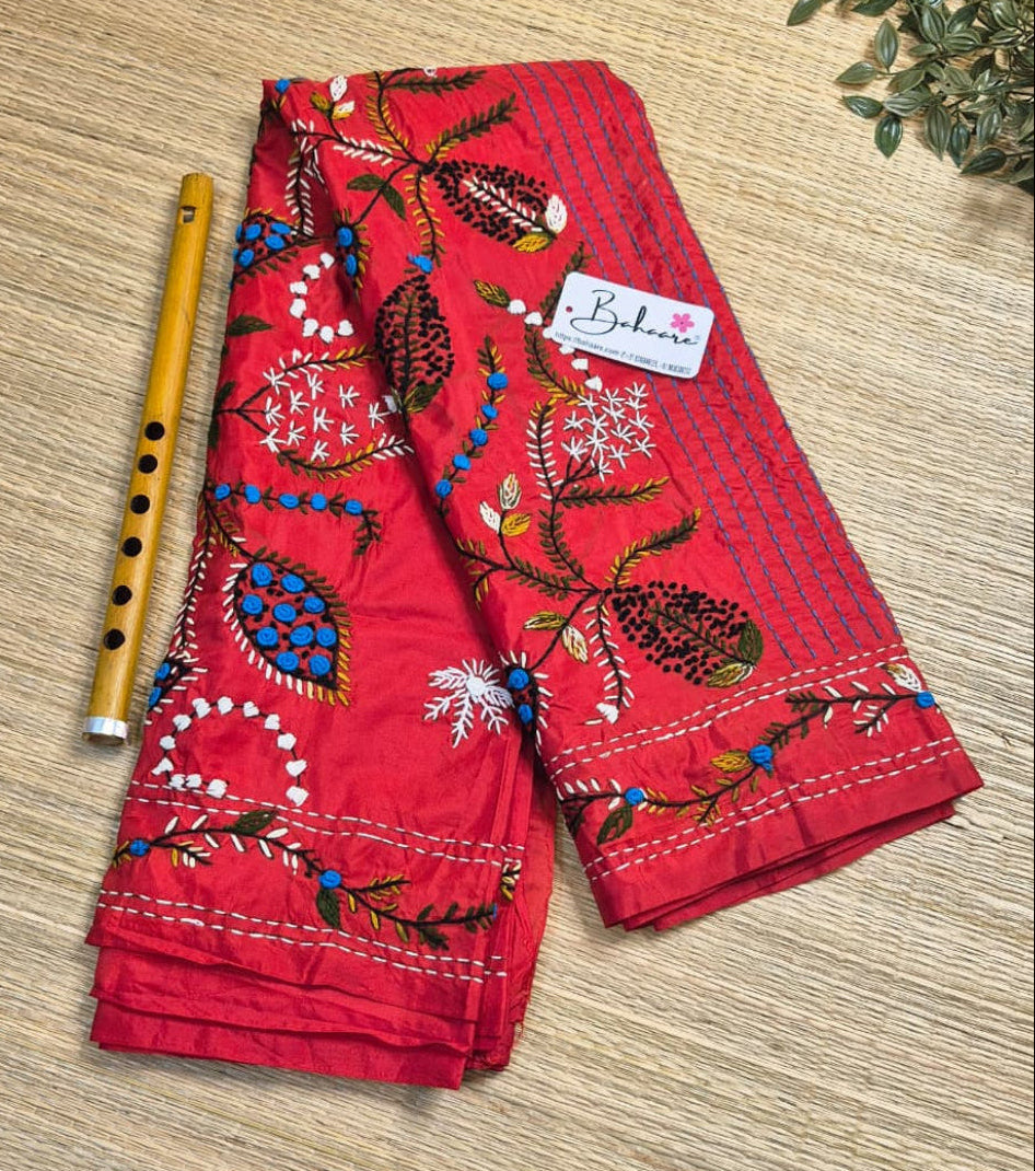 Utsav | Classic Red Art Silk Saree with Handcrafted Bullion Stich