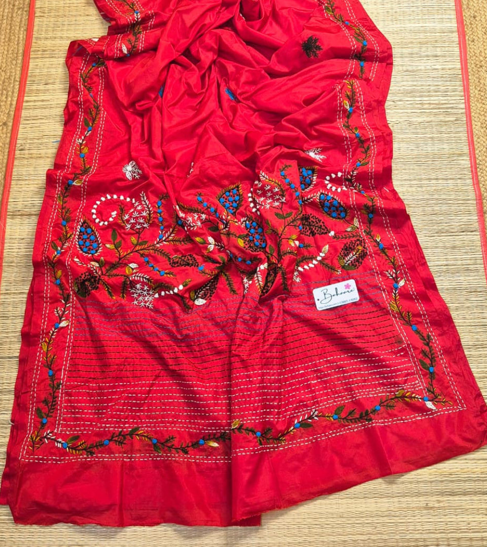 Utsav | Classic Red Art Silk Saree with Handcrafted Bullion Stich