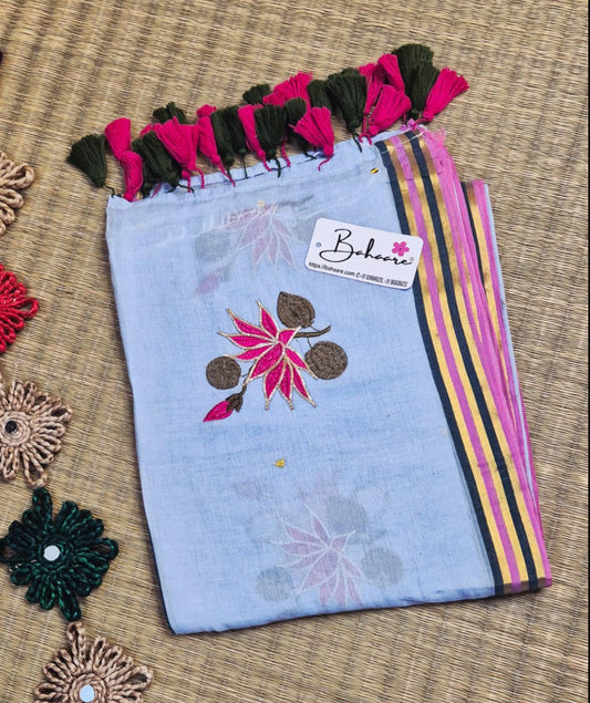 Noor | Pastel Blue Mul Mul Cotton Saree with Gota Patti Embroidery
