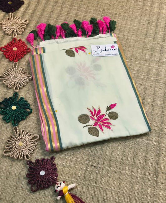 Noor | Mint Green Mul Mul Cotton Saree with Gota Patti Embroidery