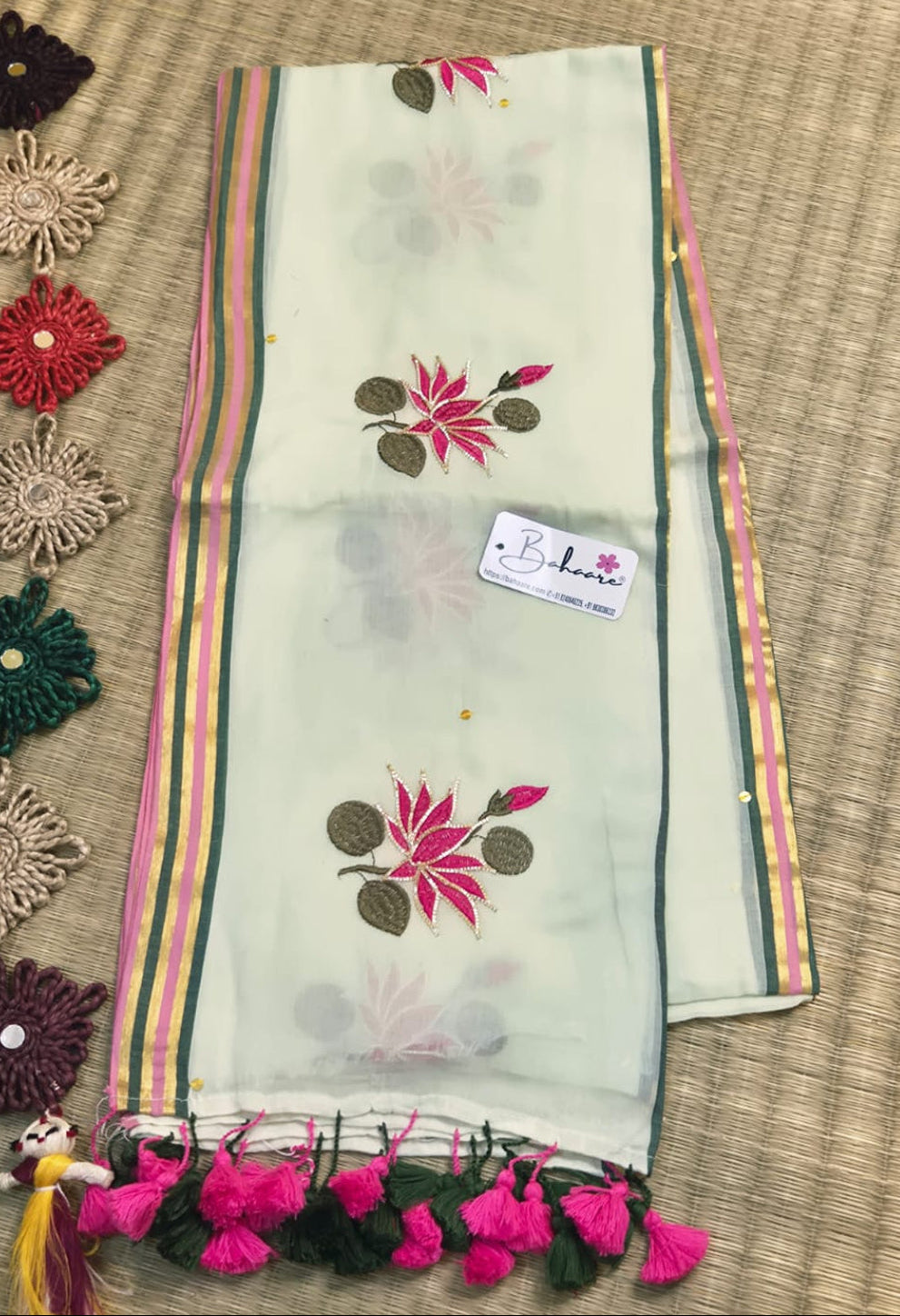 Noor | Mint Green Mul Mul Cotton Saree with Gota Patti Embroidery