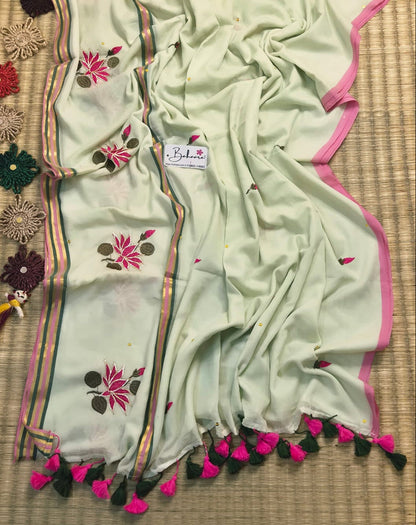 Noor | Mint Green Mul Mul Cotton Saree with Gota Patti Embroidery