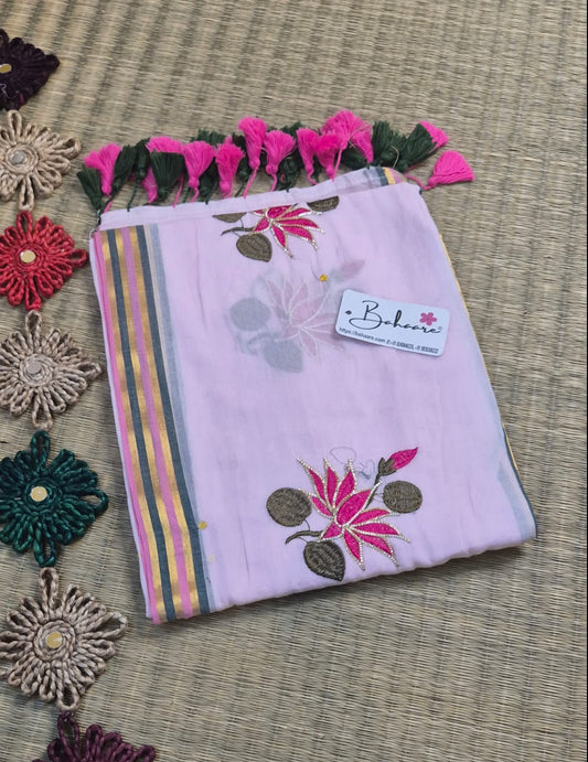 Noor | Baby Pink Mul Mul Cotton Saree with Gota Patti Embroidery