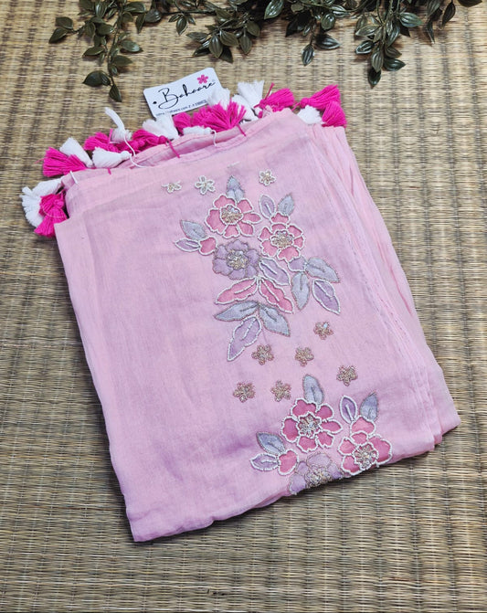 Mohini | Soft Blush Pink Mul Mul Cotton Saree with Handcrafted Moti Work on Front Top Part