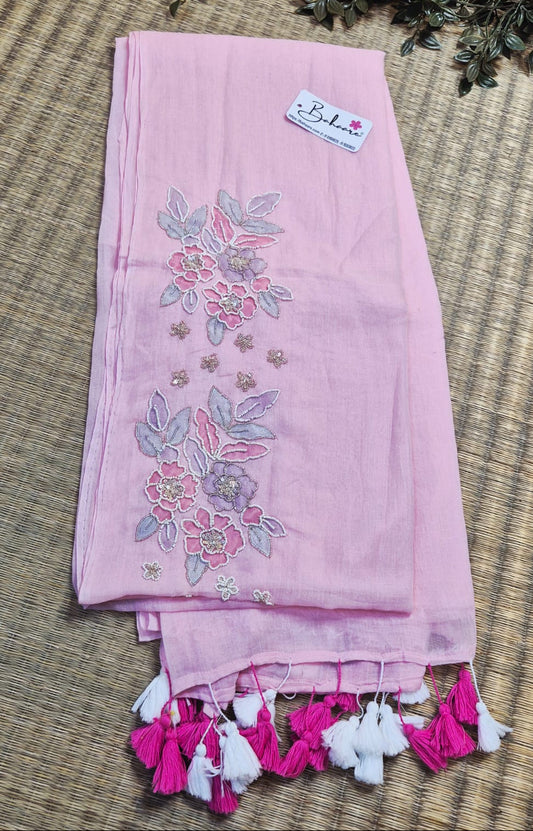 Mohini | Soft Blush Pink Mul Mul Cotton Saree with Handcrafted Moti Work on Front Top Part