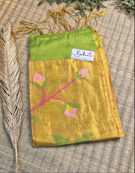 Springtime Serenity | Sparkle Green Tissue Linen Saree with Paithani Motif