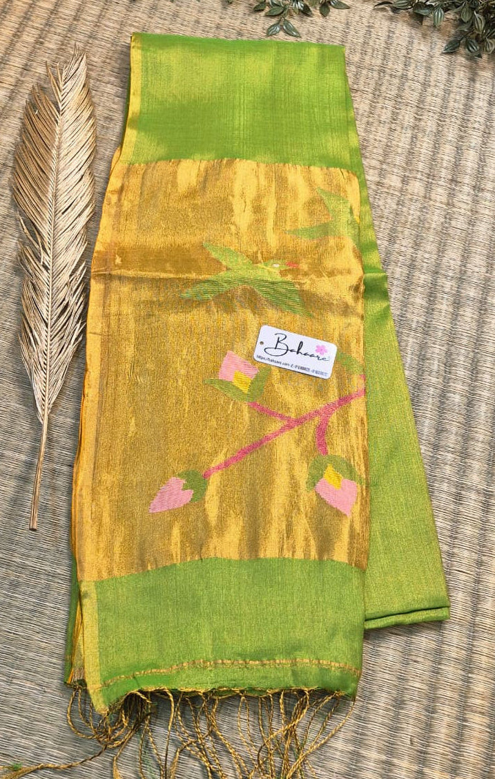 Springtime Serenity | Sparkle Green Tissue Linen Saree with Paithani Motif