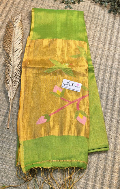 Springtime Serenity | Sparkle Green Tissue Linen Saree with Paithani Motif
