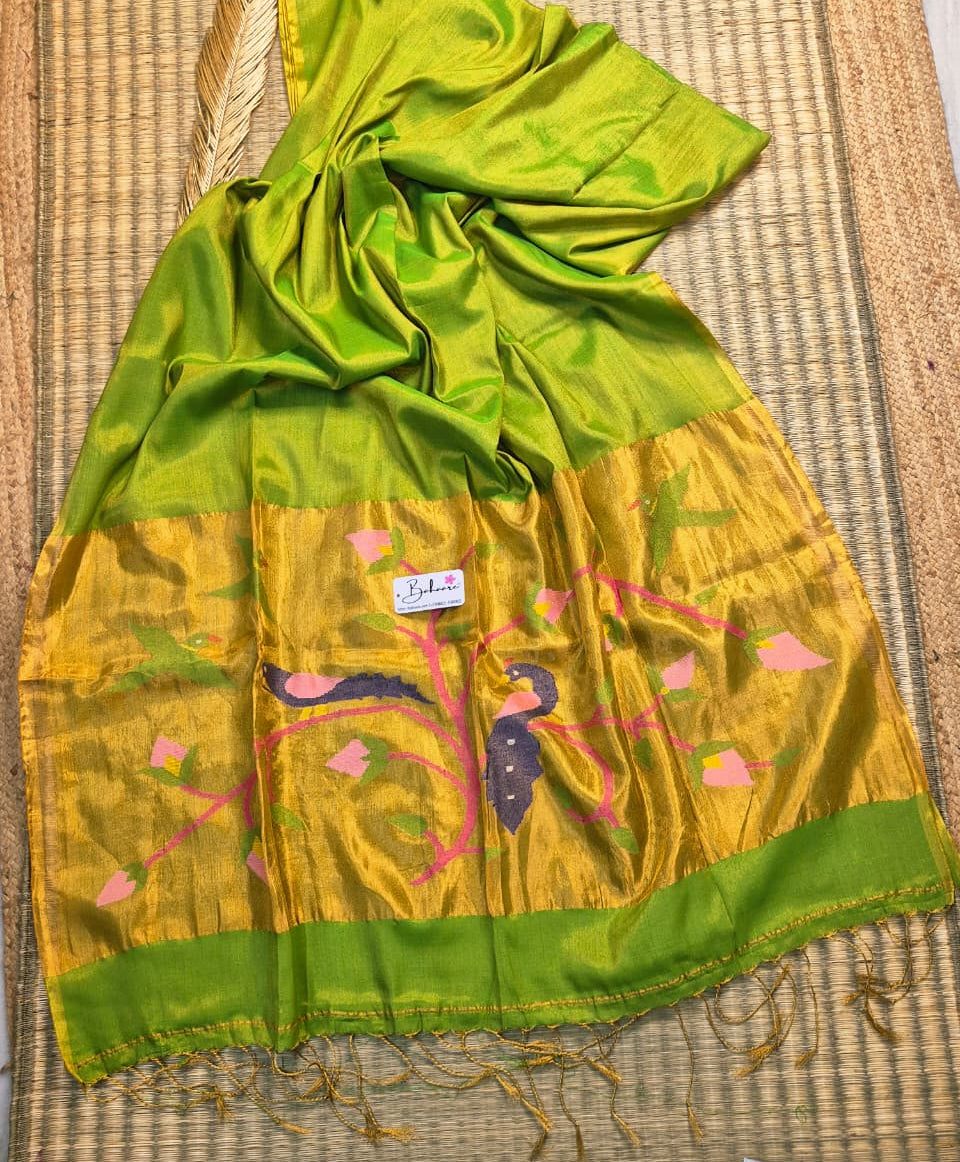 Springtime Serenity | Sparkle Green Tissue Linen Saree with Paithani Motif