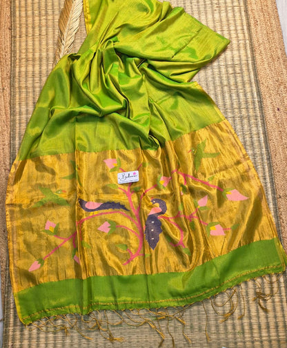 Springtime Serenity | Sparkle Green Tissue Linen Saree with Paithani Motif
