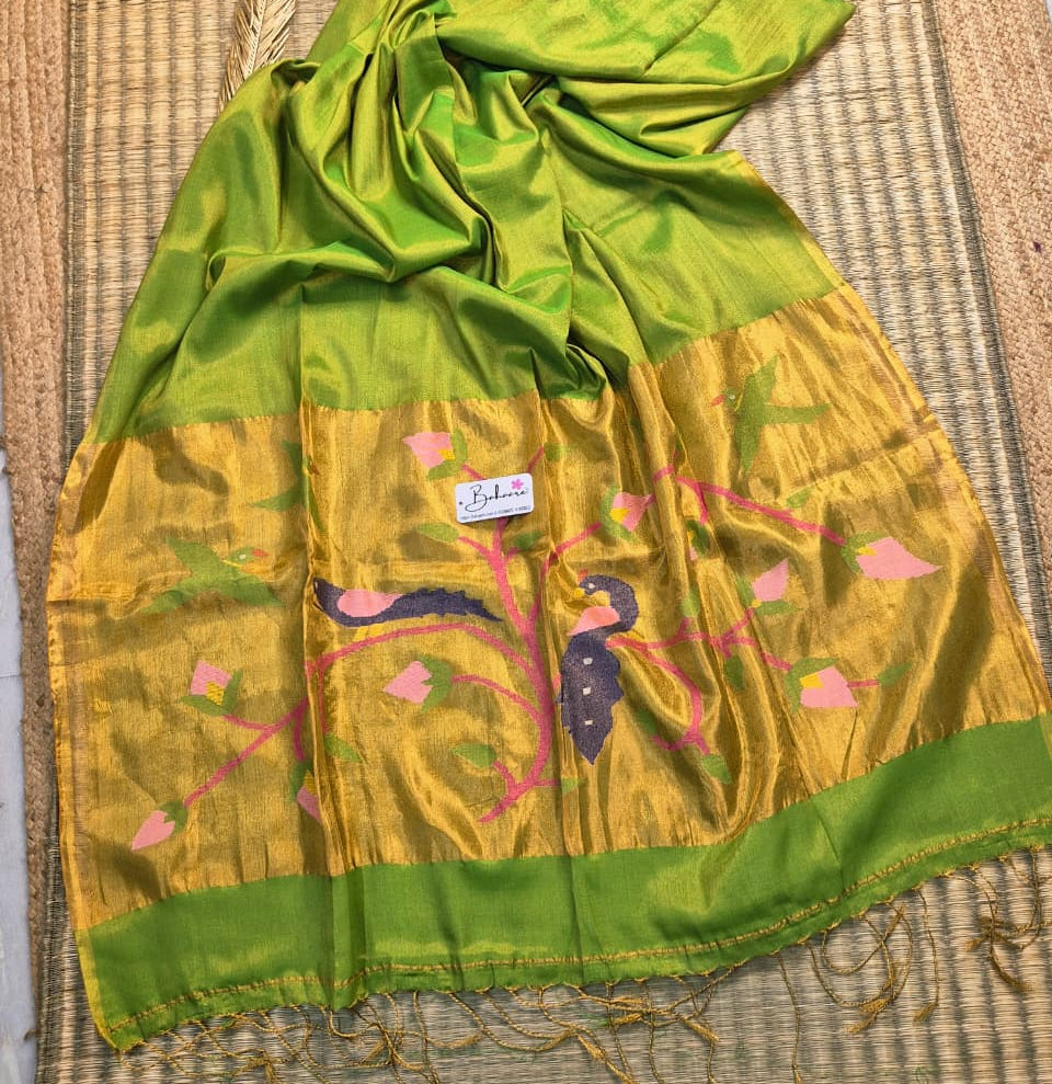 Springtime Serenity | Sparkle Green Tissue Linen Saree with Paithani Motif