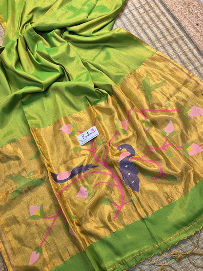 Springtime Serenity | Sparkle Green Tissue Linen Saree with Paithani Motif