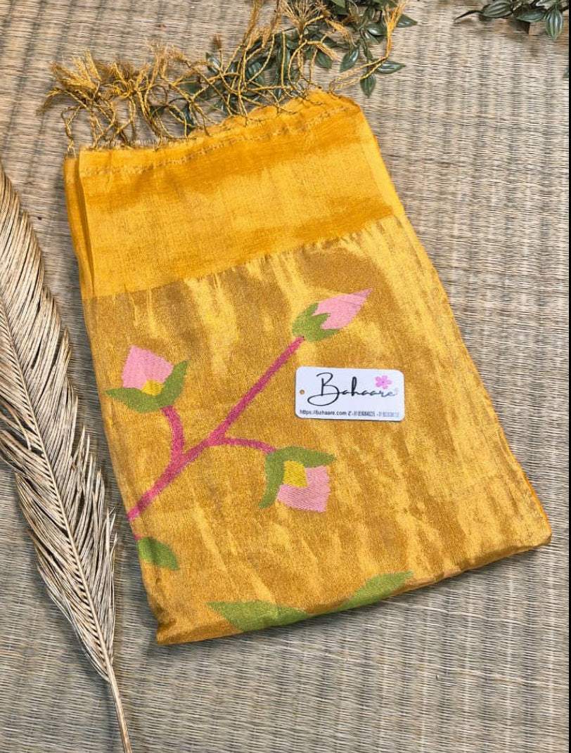 Springtime Serenity | Liquid Gold Tissue Linen Saree with Paithani Motif