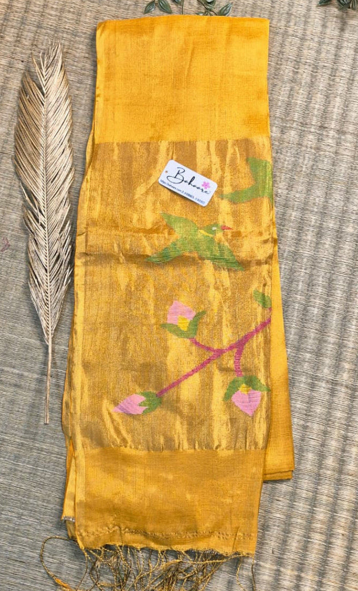 Springtime Serenity | Liquid Gold Tissue Linen Saree with Paithani Motif