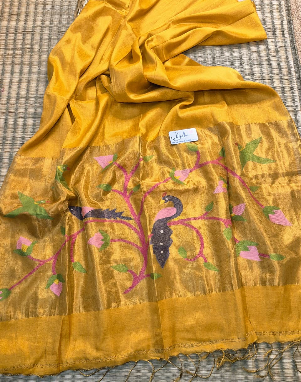 Springtime Serenity | Liquid Gold Tissue Linen Saree with Paithani Motif