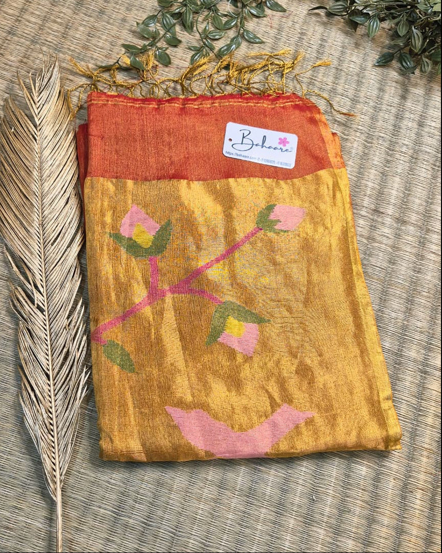 Springtime Serenity | Fire Red Tissue Linen Saree with Paithani Motif