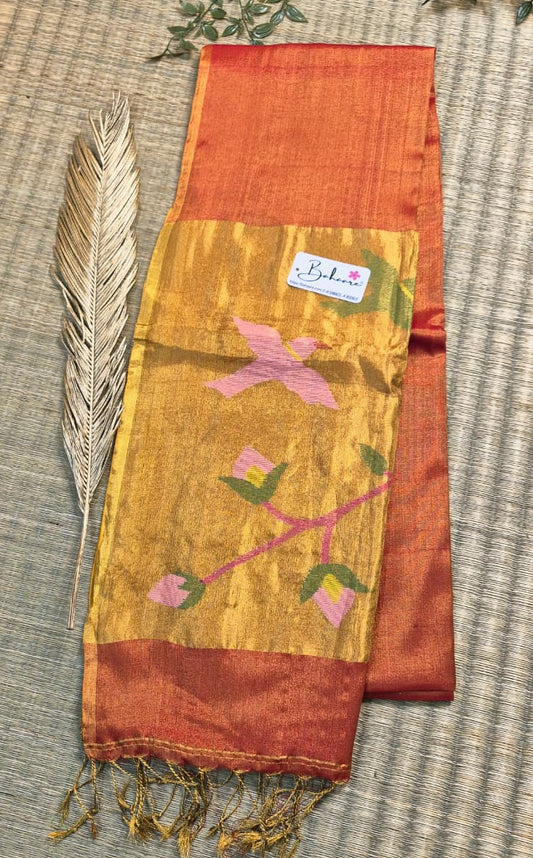 Springtime Serenity | Fire Red Tissue Linen Saree with Paithani Motif