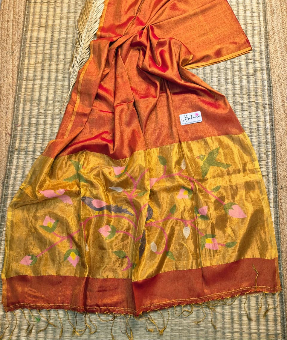 Springtime Serenity | Fire Red Tissue Linen Saree with Paithani Motif