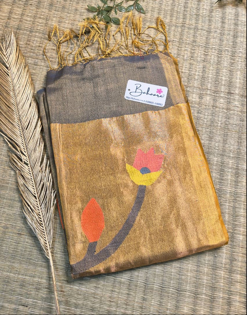 Springtime Serenity | Metallic Grey Tissue Linen Saree with Paithani Motif