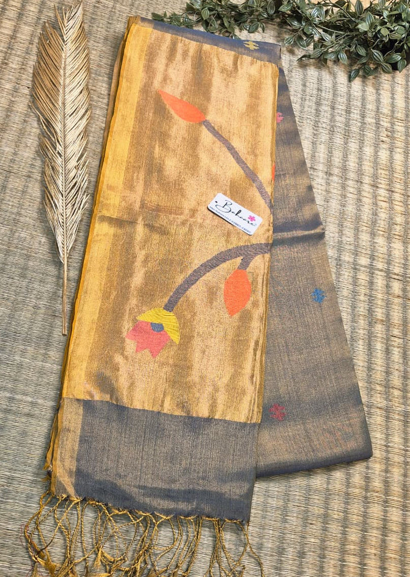 Springtime Serenity | Metallic Grey Tissue Linen Saree with Paithani Motif