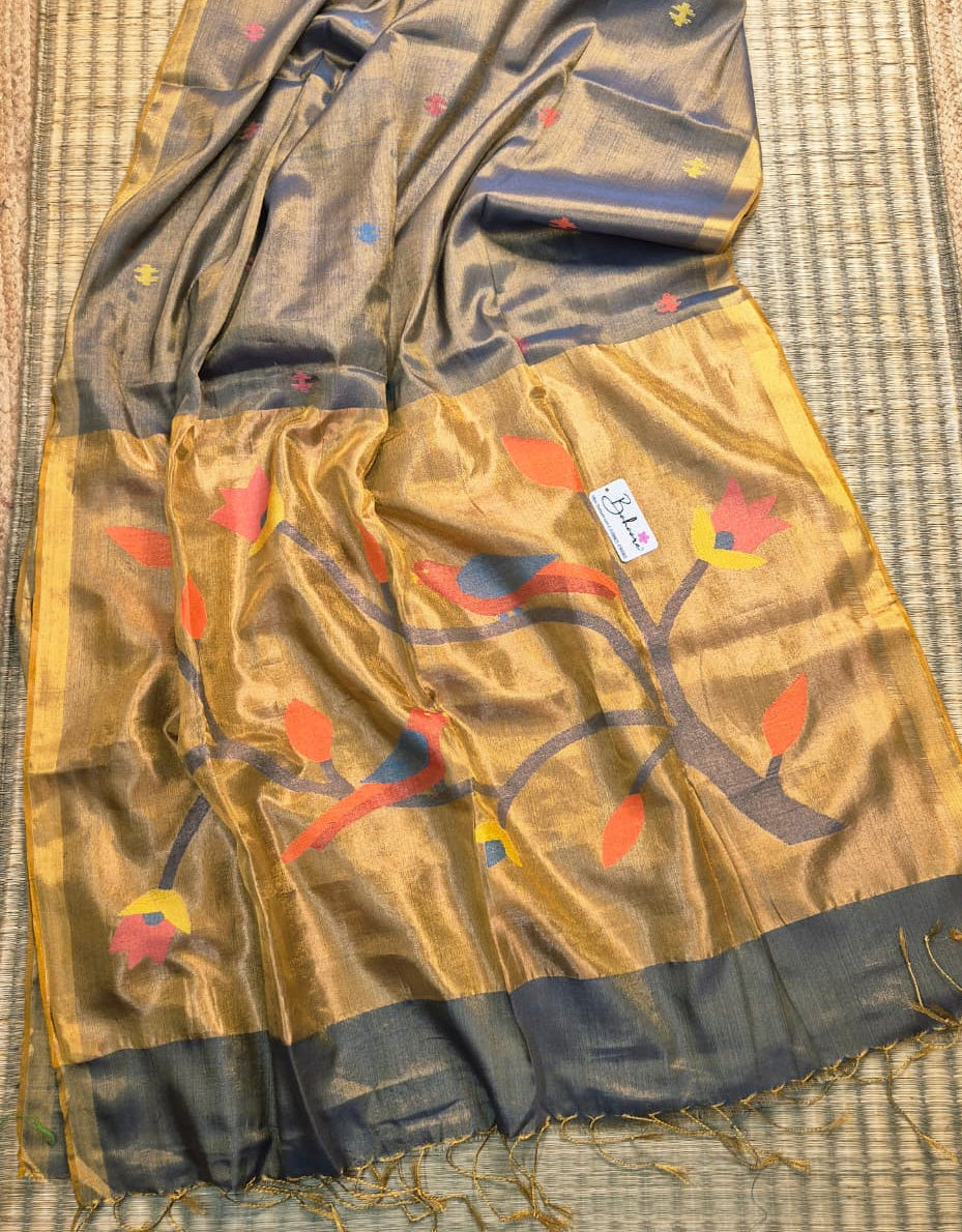 Springtime Serenity | Metallic Grey Tissue Linen Saree with Paithani Motif