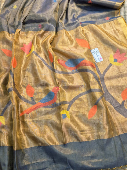 Springtime Serenity | Metallic Grey Tissue Linen Saree with Paithani Motif