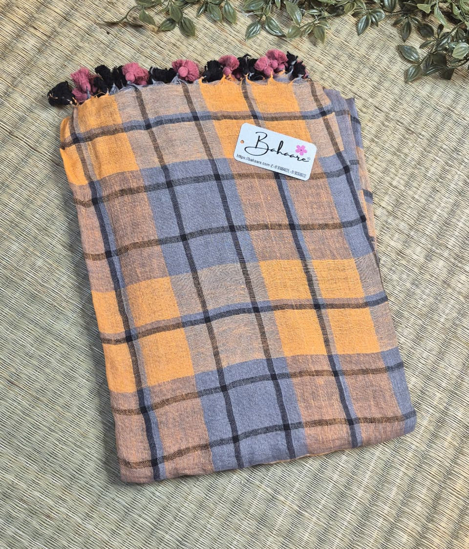 Woodland Whispers | Light Orange with Black Check Jayshree Linen Saree