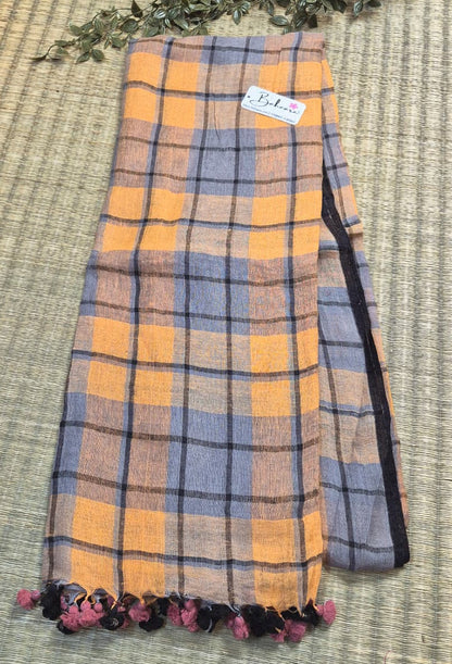 Woodland Whispers | Light Orange with Black Check Jayshree Linen Saree