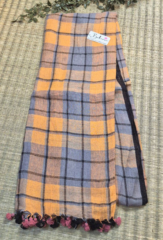 Woodland Whispers | Light Orange with Black Check Jayshree Linen Saree