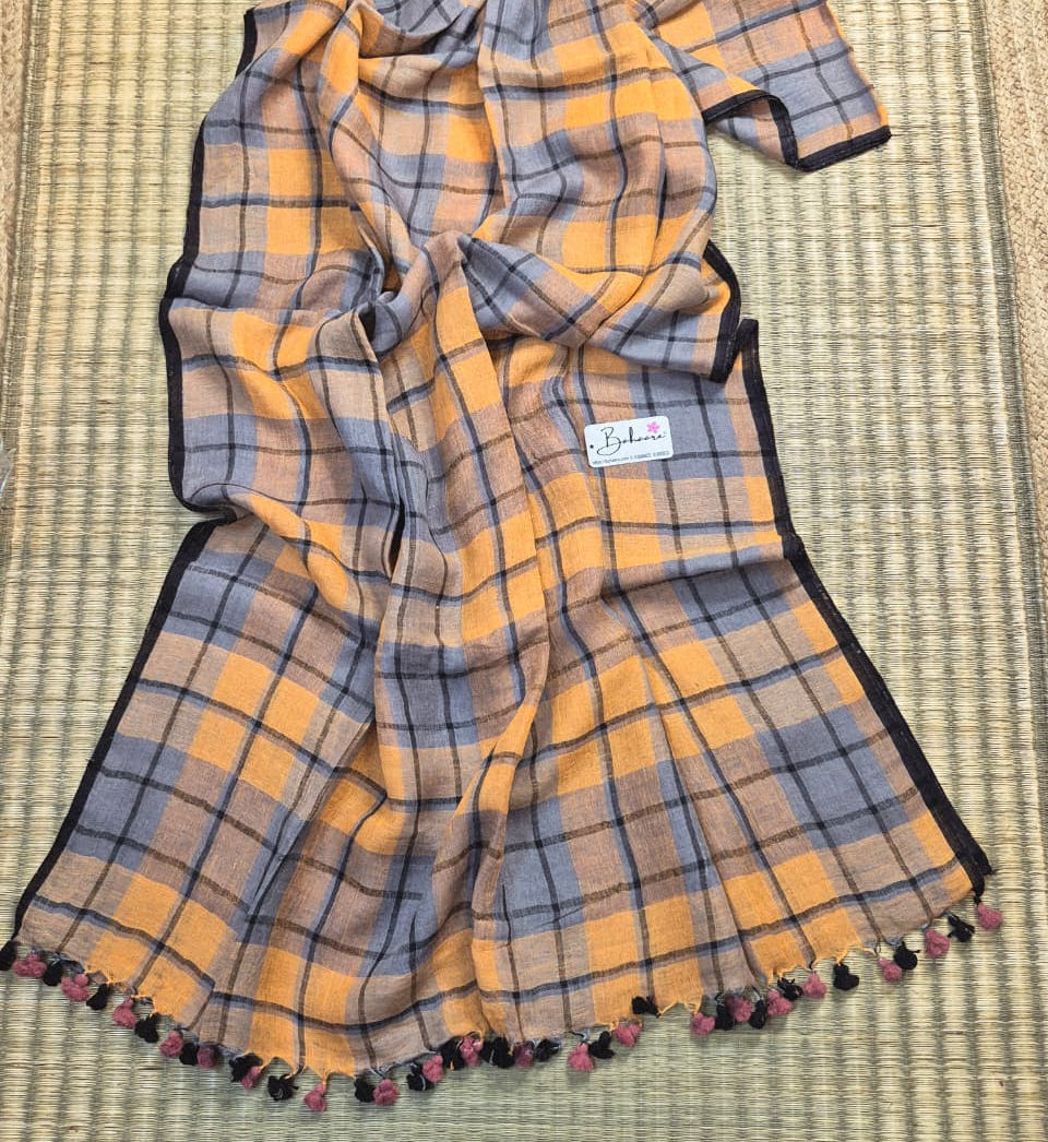 Woodland Whispers | Light Orange with Black Check Jayshree Linen Saree