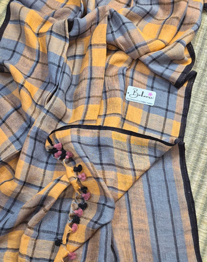 Woodland Whispers | Light Orange with Black Check Jayshree Linen Saree