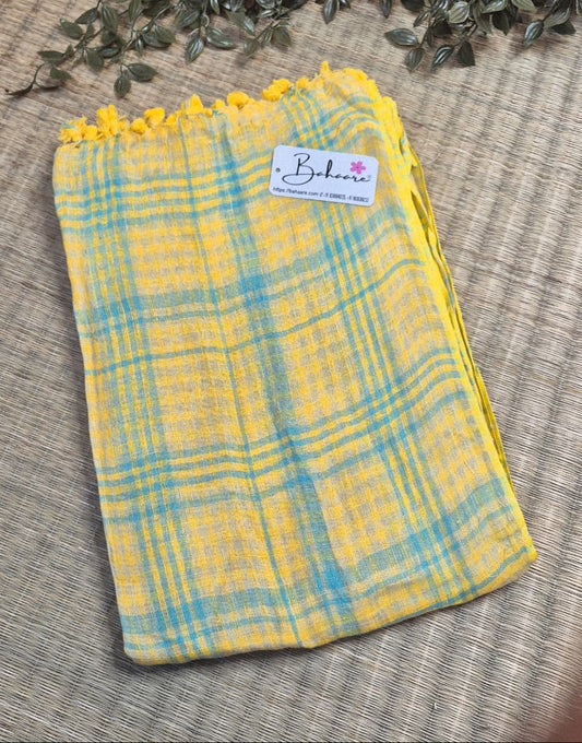 Woodland Whispers | Light Yellow with Ocean Blue Check Jayshree Linen Saree