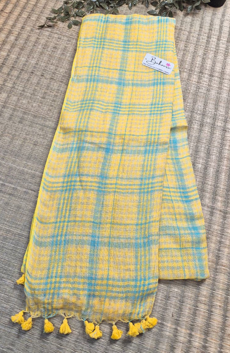 Woodland Whispers | Light Yellow with Ocean Blue Check Jayshree Linen Saree