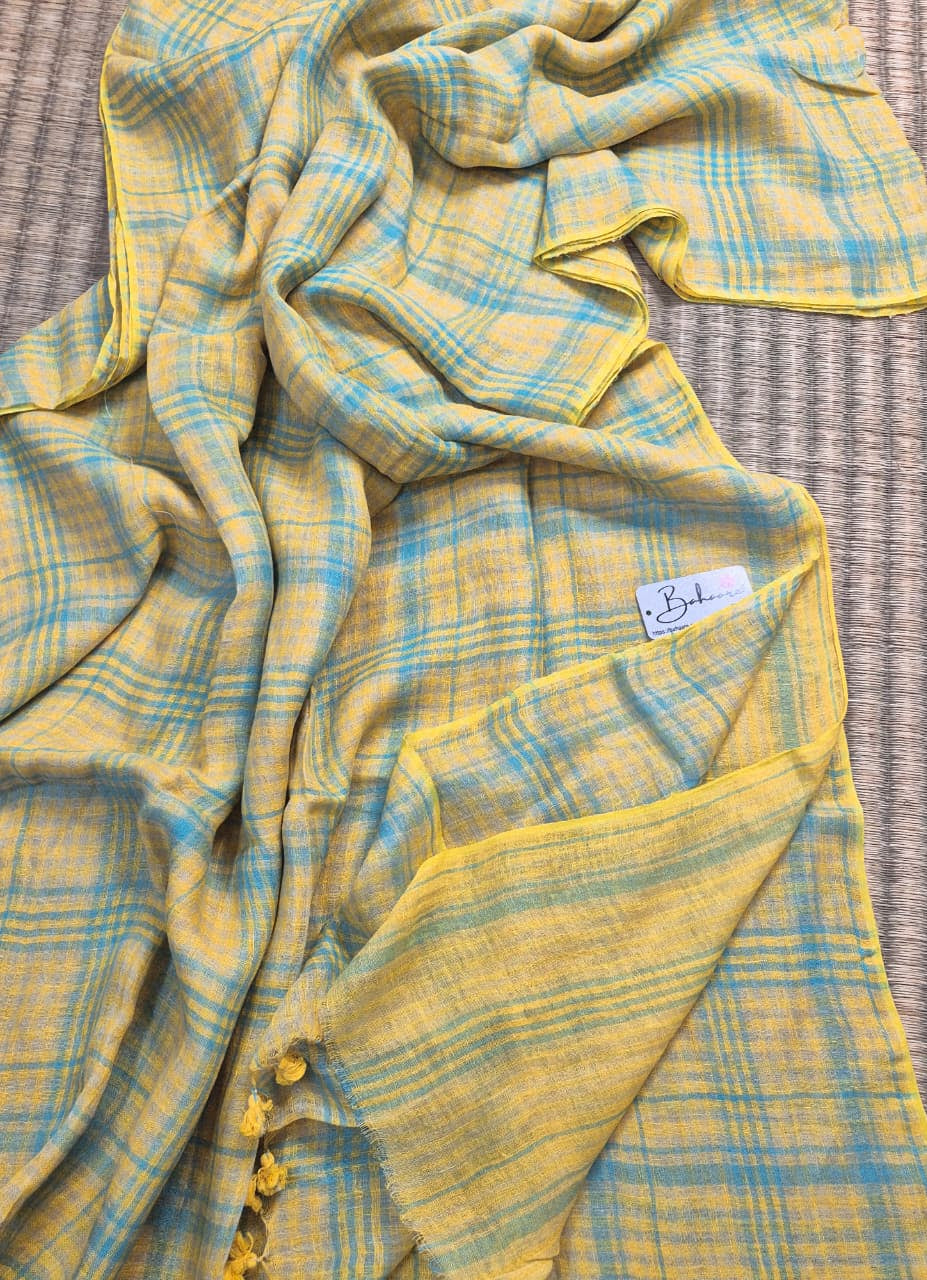 Woodland Whispers | Light Yellow with Ocean Blue Check Jayshree Linen Saree
