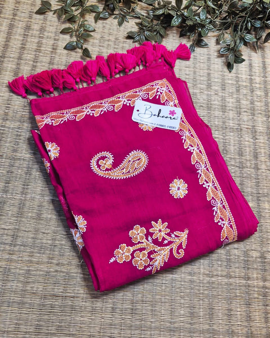 Mohini | Raspberry Pink Mul Mul Cotton Saree with Chikankari Embroidery