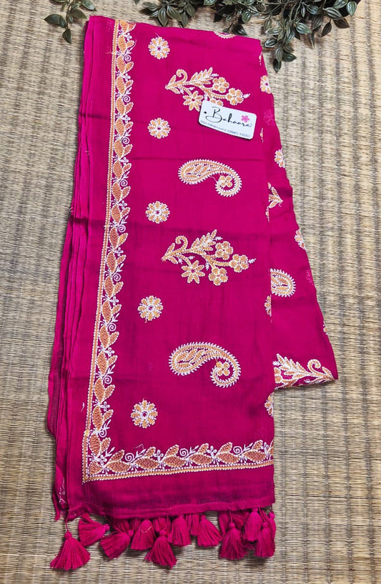 Mohini | Raspberry Pink Mul Mul Cotton Saree with Chikankari Embroidery