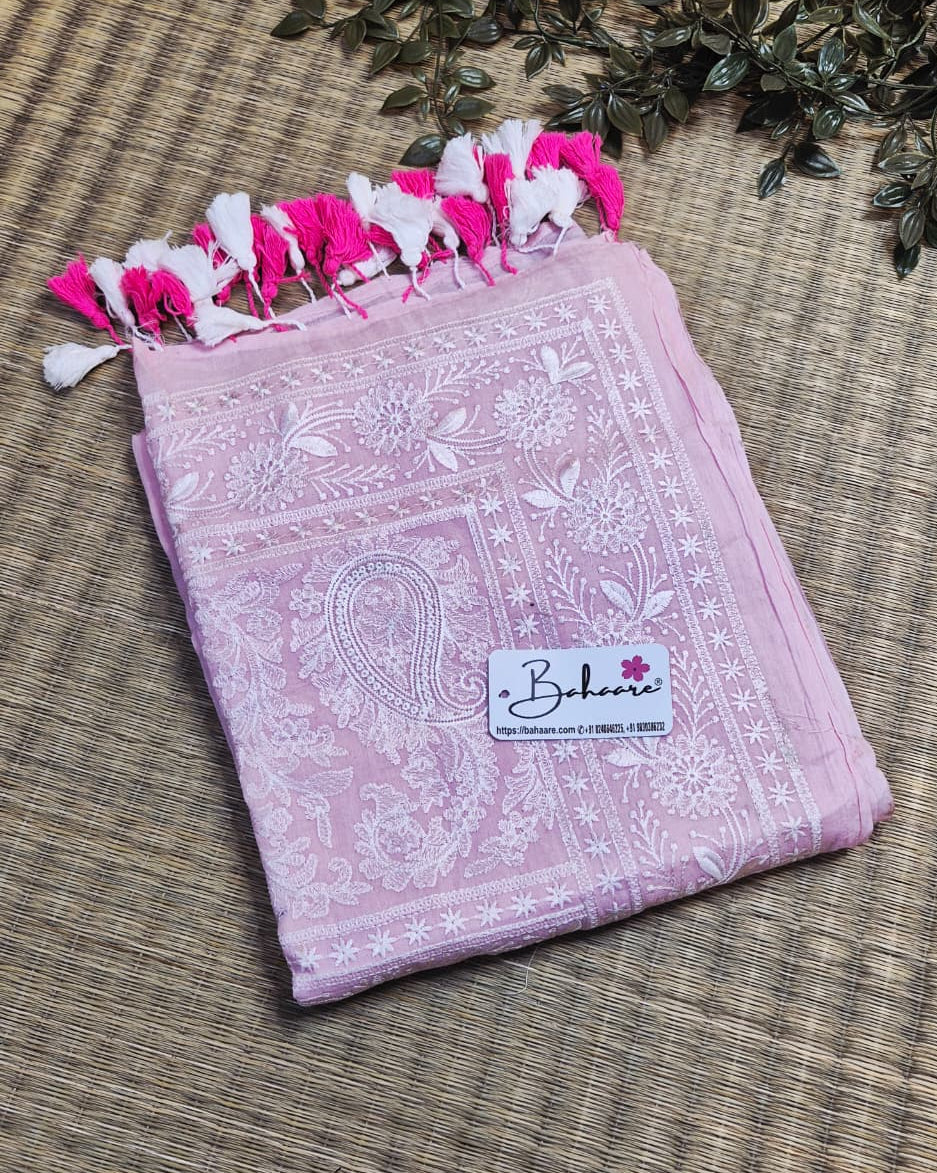 Mohini | Rose Mist Mul Mul Cotton Saree with Chikankari Embroidery