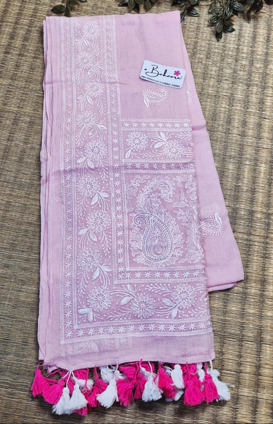 Mohini | Rose Mist Mul Mul Cotton Saree with Chikankari Embroidery