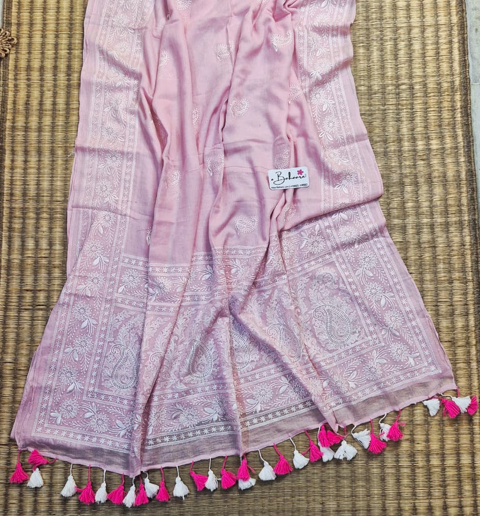 Mohini | Rose Mist Mul Mul Cotton Saree with Chikankari Embroidery