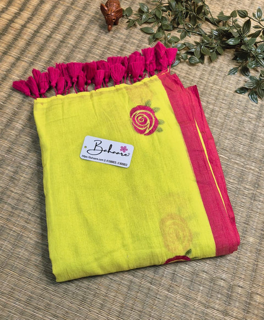 Mohini | Party Neon Mul Mul Cotton Saree with Rose Embroidery Work