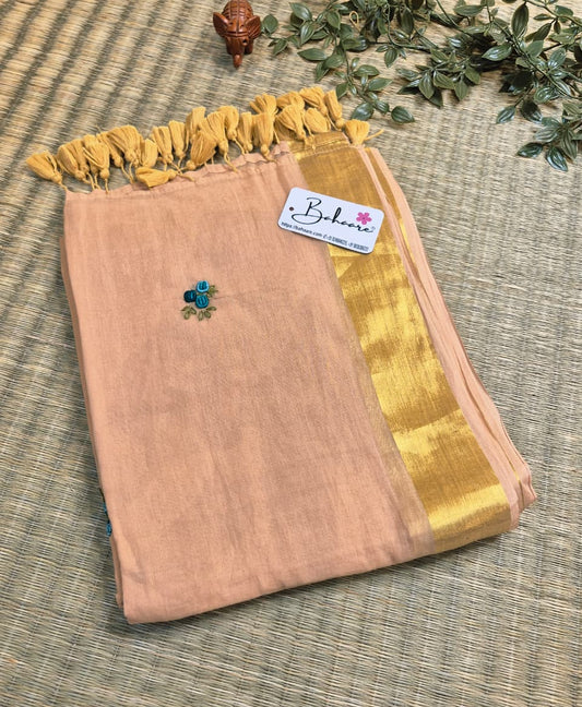 Noor | Pastel Peach Mul Mul Cotton Saree with Bullion Hand Embroidery and Zari Border