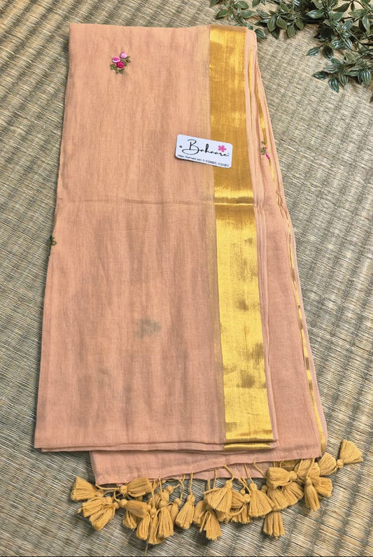 Noor | Pastel Peach Mul Mul Cotton Saree with Bullion Hand Embroidery and Zari Border