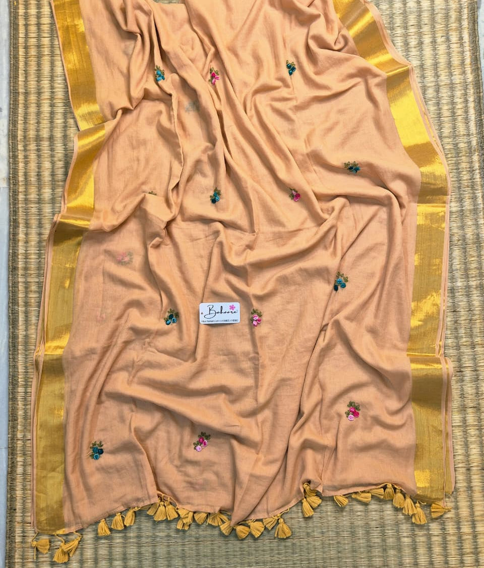 Noor | Pastel Peach Mul Mul Cotton Saree with Bullion Hand Embroidery and Zari Border