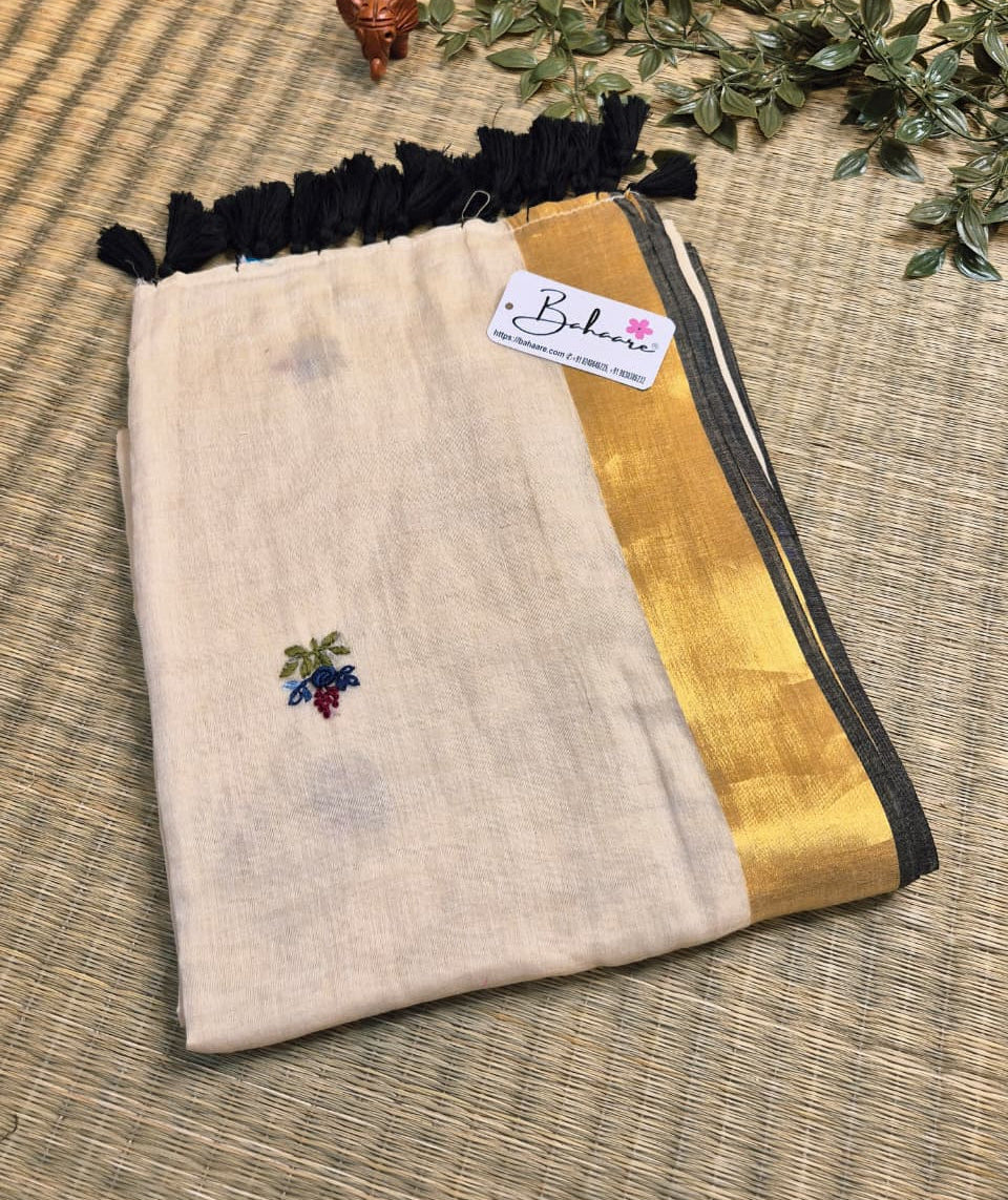 Noor | Ivory Beige Mul Mul Cotton Saree with Bullion Hand Embroidery and Zari Border