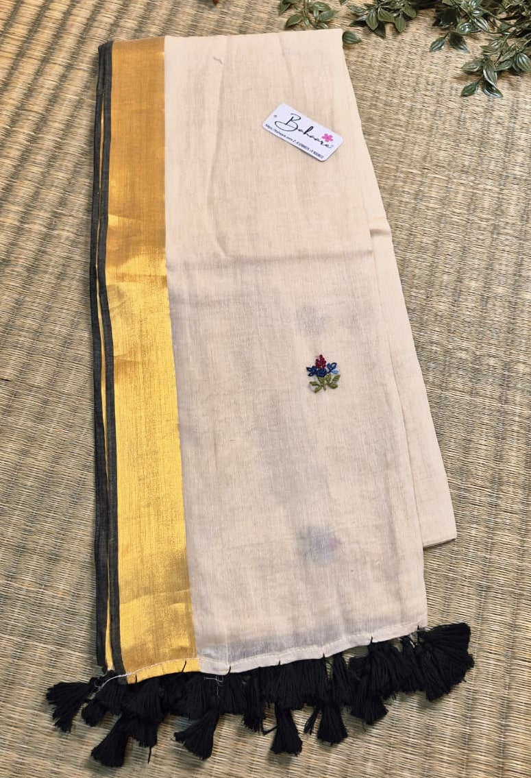 Noor | Ivory Beige Mul Mul Cotton Saree with Bullion Hand Embroidery and Zari Border