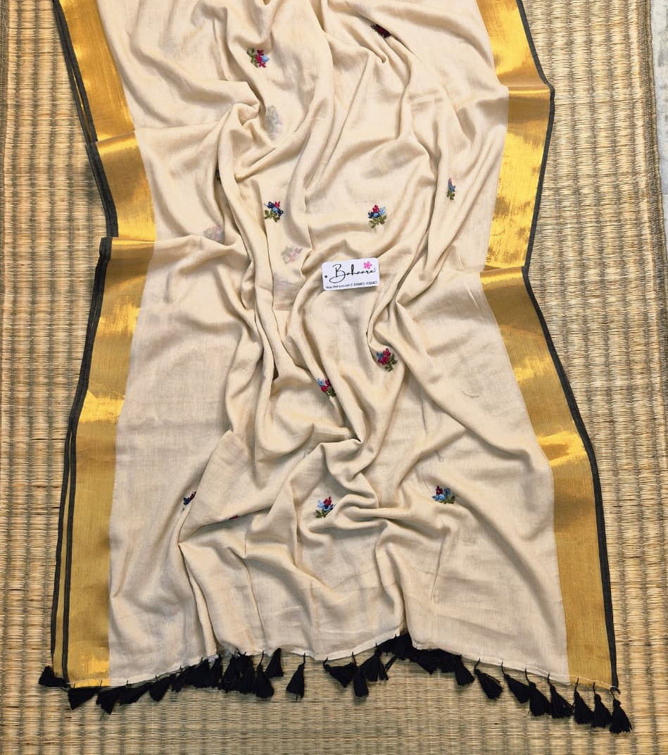 Noor | Ivory Beige Mul Mul Cotton Saree with Bullion Hand Embroidery and Zari Border