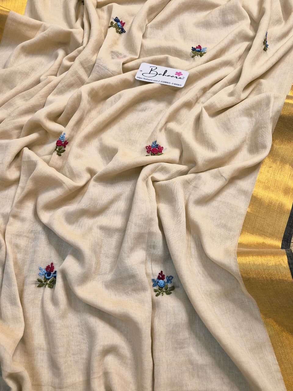 Noor | Ivory Beige Mul Mul Cotton Saree with Bullion Hand Embroidery and Zari Border