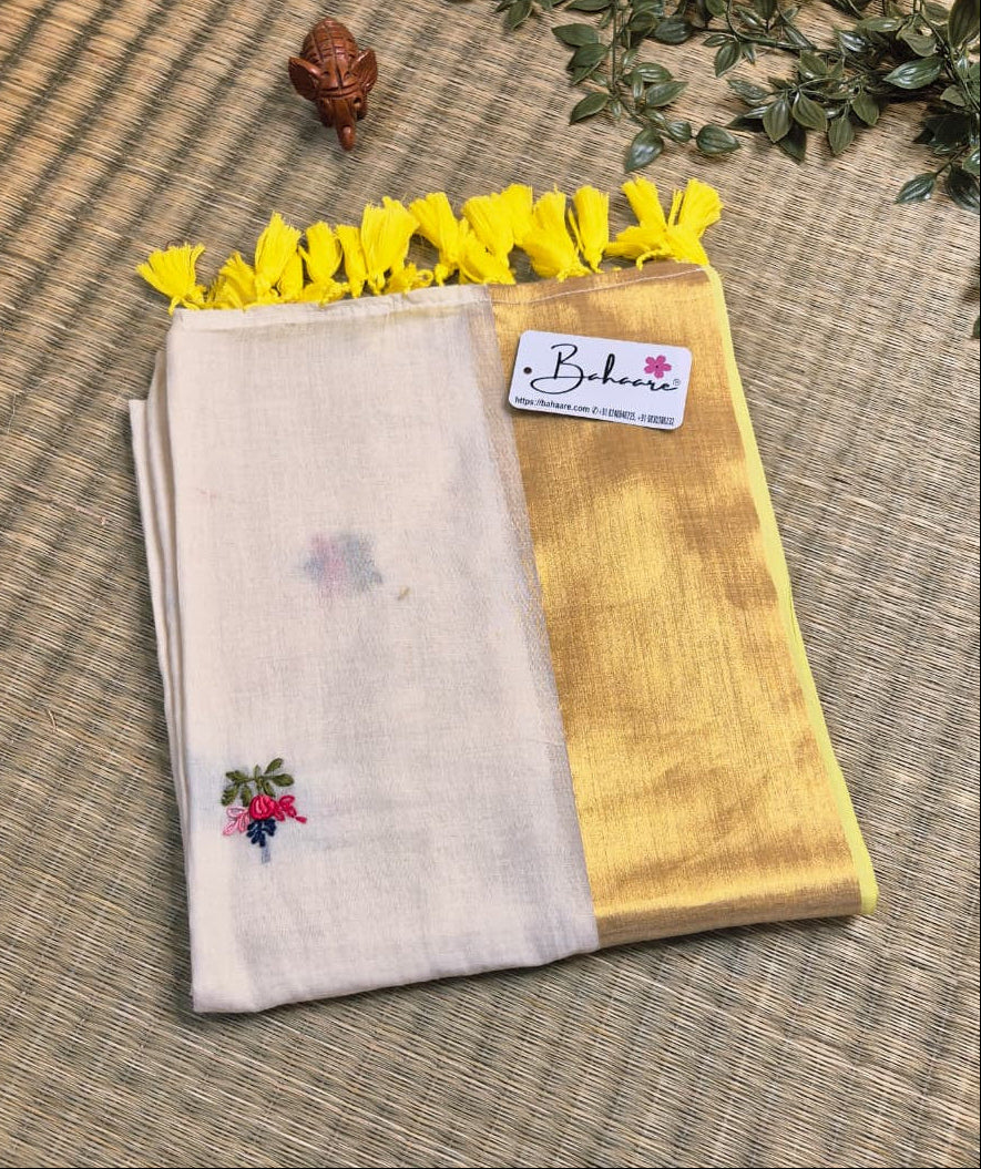 Noor | Creamy Off White Mul Mul Cotton Saree with Bullion Hand Embroidery and Zari Border