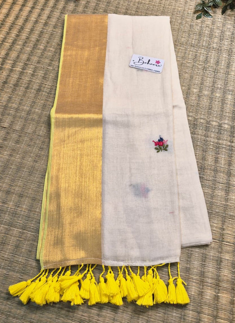 Noor | Creamy Off White Mul Mul Cotton Saree with Bullion Hand Embroidery and Zari Border