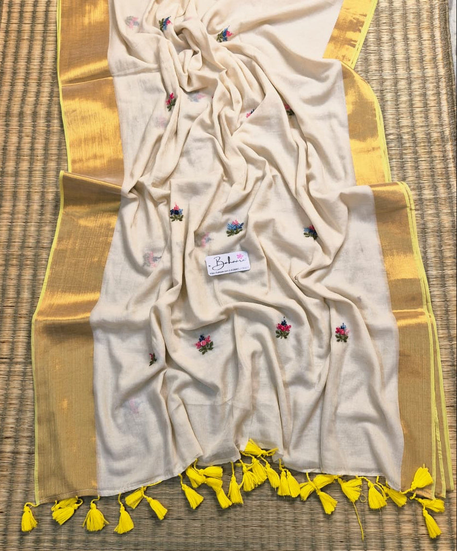 Noor | Creamy Off White Mul Mul Cotton Saree with Bullion Hand Embroidery and Zari Border
